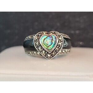 925 Sterling Abalone Shell Marcasite & Enamel Statement Ring, Size US 4.75